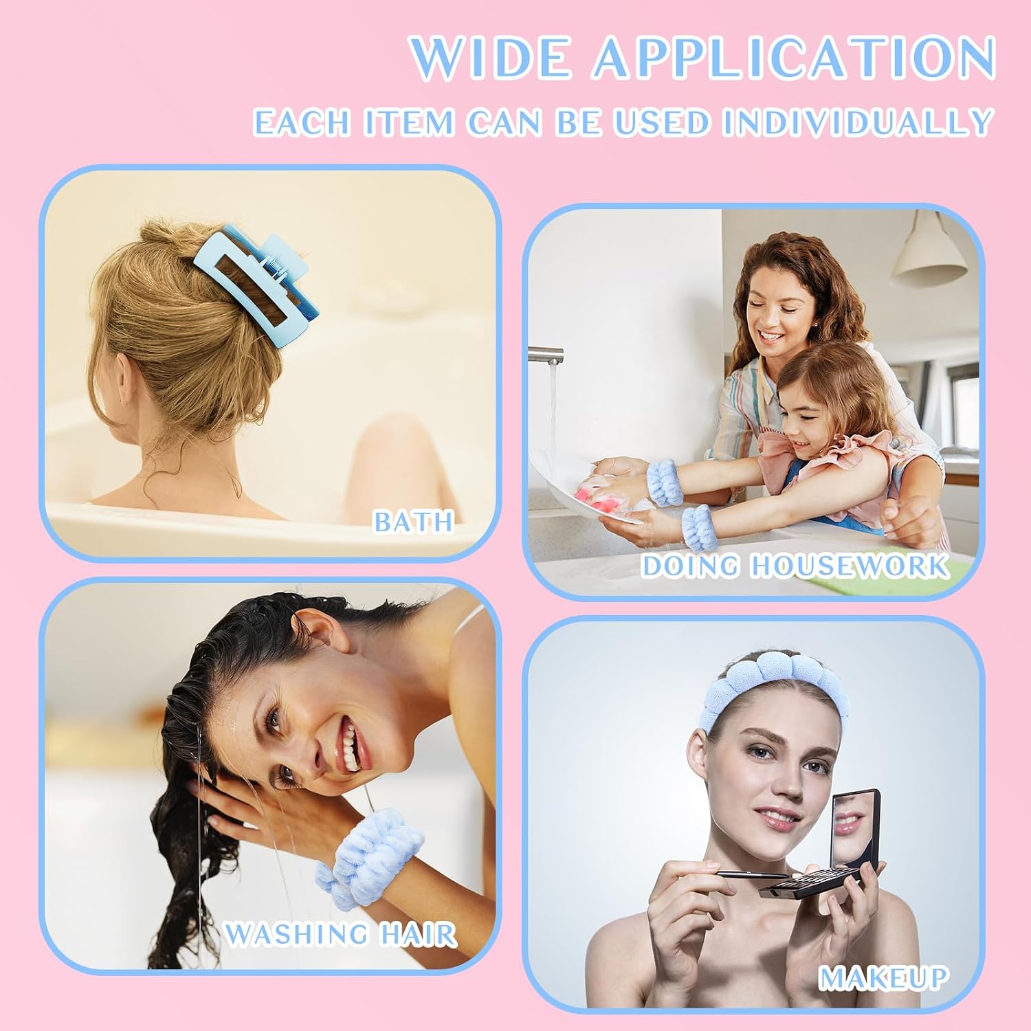 Spa Headband And Wristband Set Skincare Headband For Washing Face Hair Claw Clips For Thick Hair Cute Blue Puffy