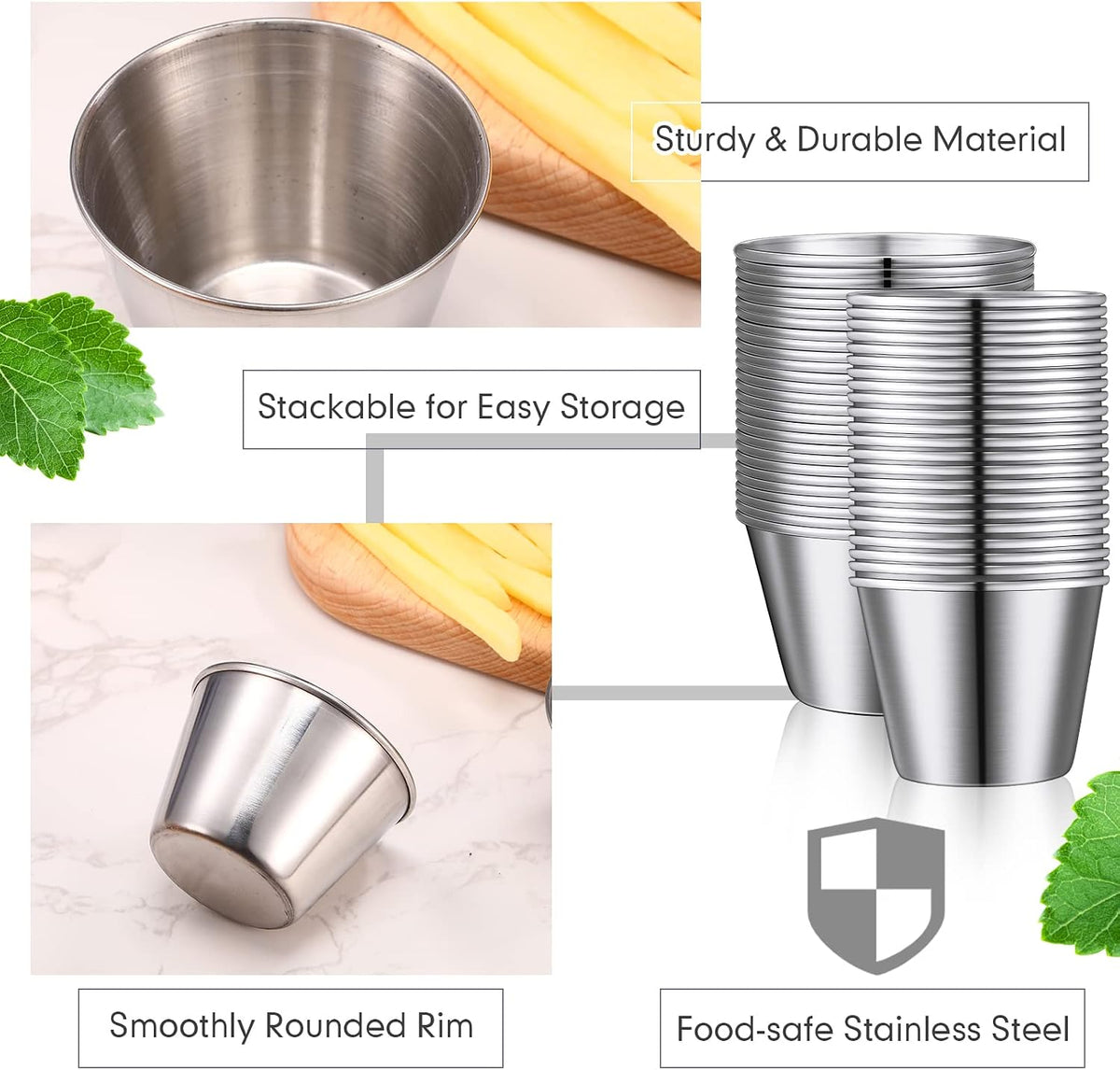 50 Pack Metal Ramekin Small Stainless Steel Sauce Cup, 1.5 Oz, 2 Oz