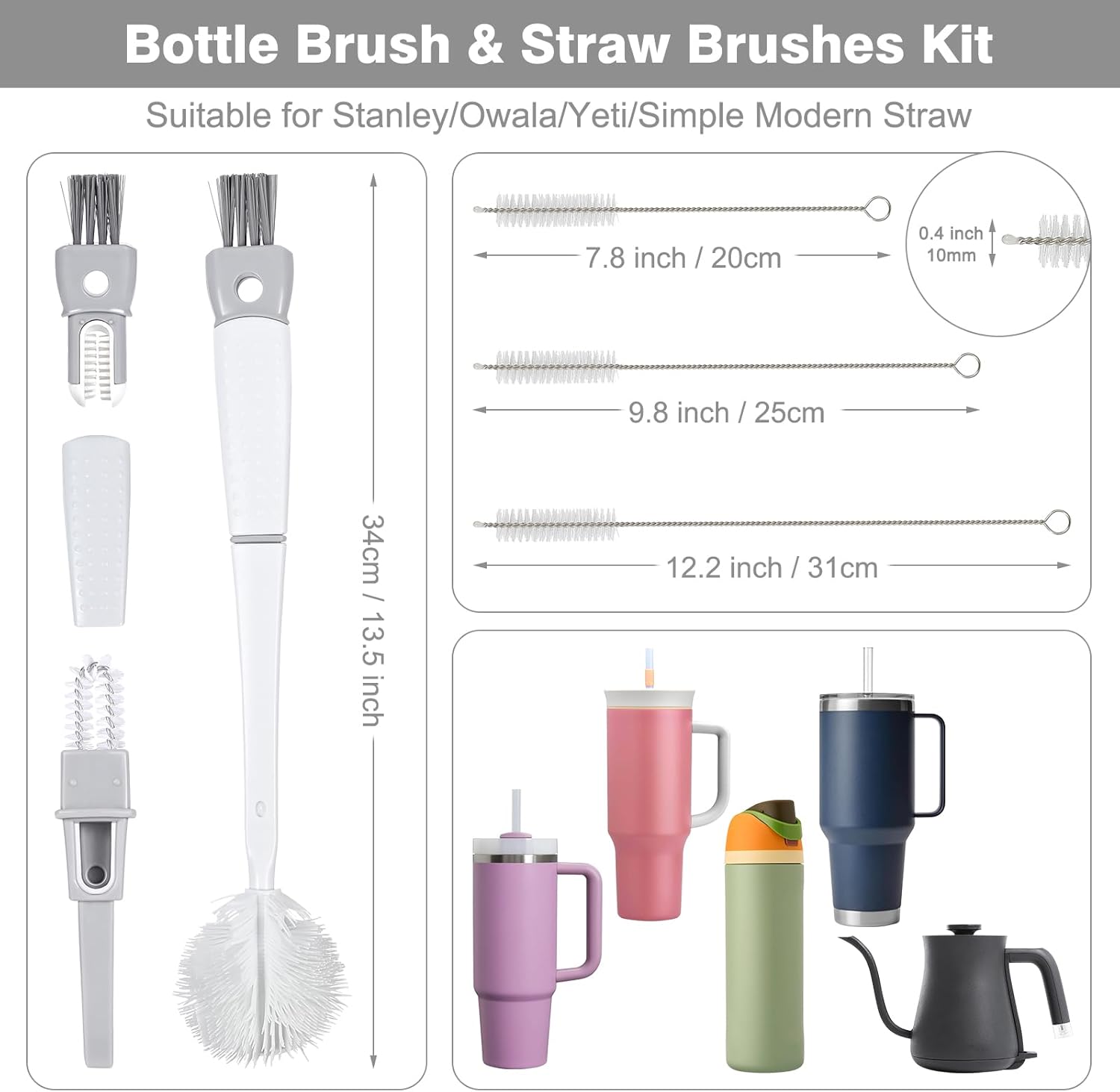 Straw Cleaner Brush Bottle Brush Kit for Stanley Cup Tumbler - Multifunctional Water Bottle Cleaner and 3-Size Straw