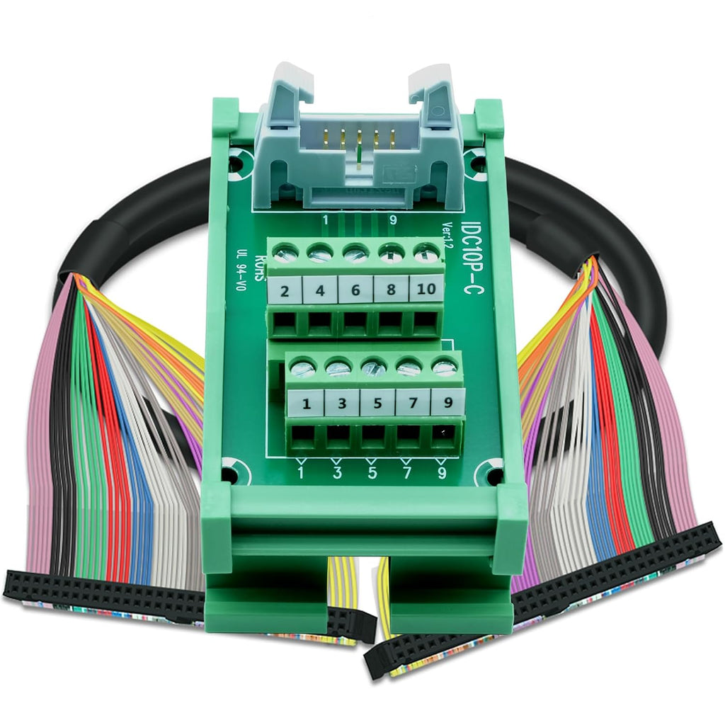 IDC10 2x5 10Pins 0.1" FRC Connector Interface Module DIN Rail Mount Male Header Terminal Block Breakout Board for PLC MCU Flat Ribbon Cable (IDC10 2x5Pin)