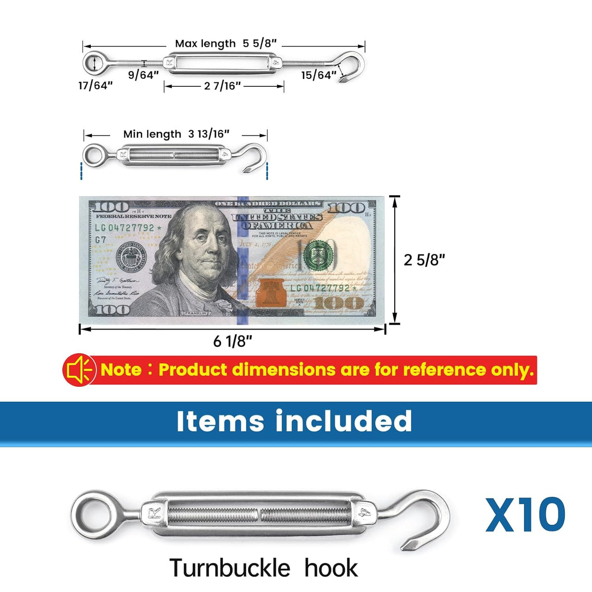 10Pack M4 Turnbuckle Hook and Eye for Tensioning Wire Rope CN09
