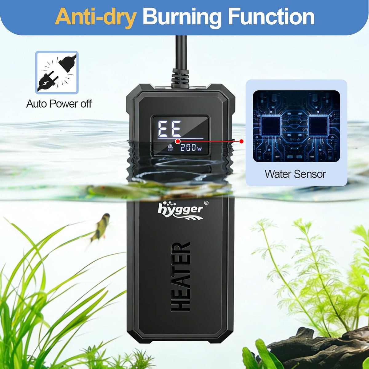 Aquarium Heater, 50W/100W/150W/200W Adjustable Power Fish Tank Heater with Auto Power-Off and High-Temp Protection