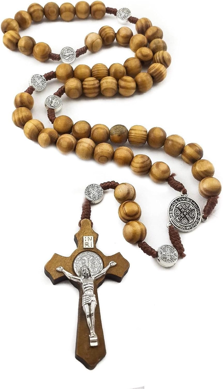 Saint Benedict Evil Protection Medal with Cross Wood Beads Rosary Necklace Nazareth Store