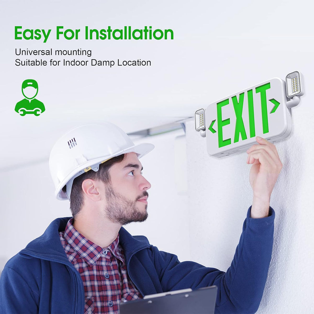 Led Combo Emergency Exit Sign Light with Two Adjustable Head Lights and Backup Battery,US Standard Green Letter