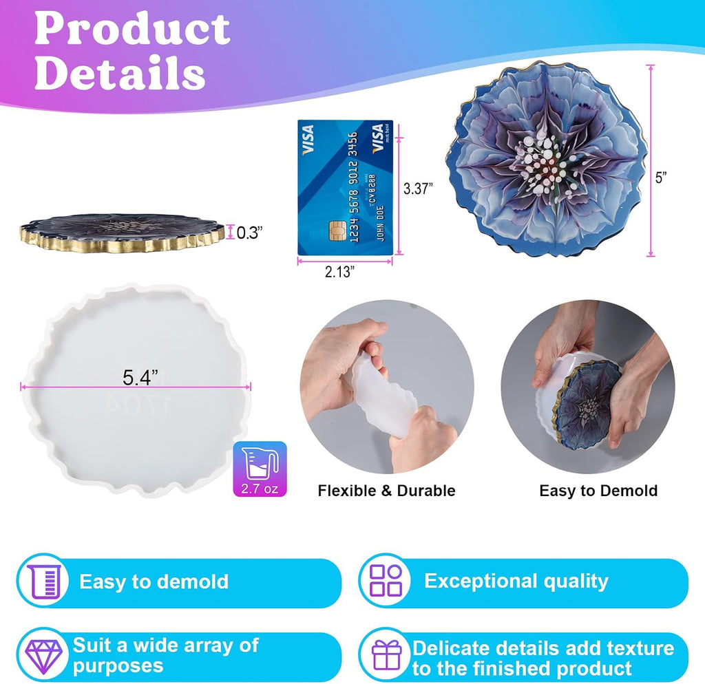 4Pcs Resin Coaster Molds, Druzy Geode Agate Silicone Coaster Molds for Epoxy Resin, 5Inches Large Mould for DIY Art