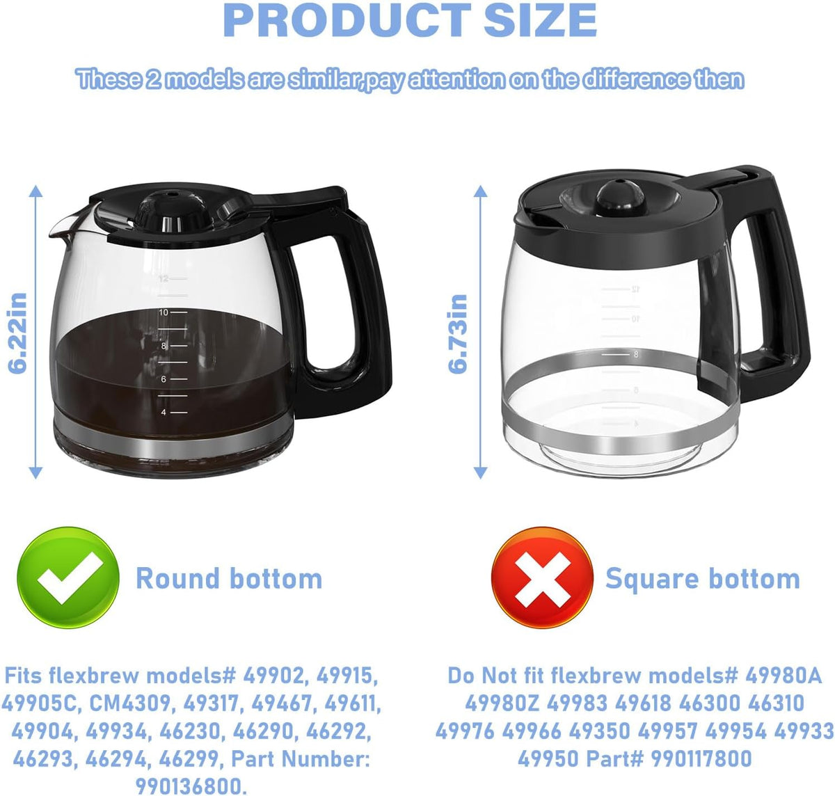 12 Cup Coffee Maker Carafe Replacement Pot Compatible with Hamilton Beach Flexbrew Models: 49902, 49915, 49905C
