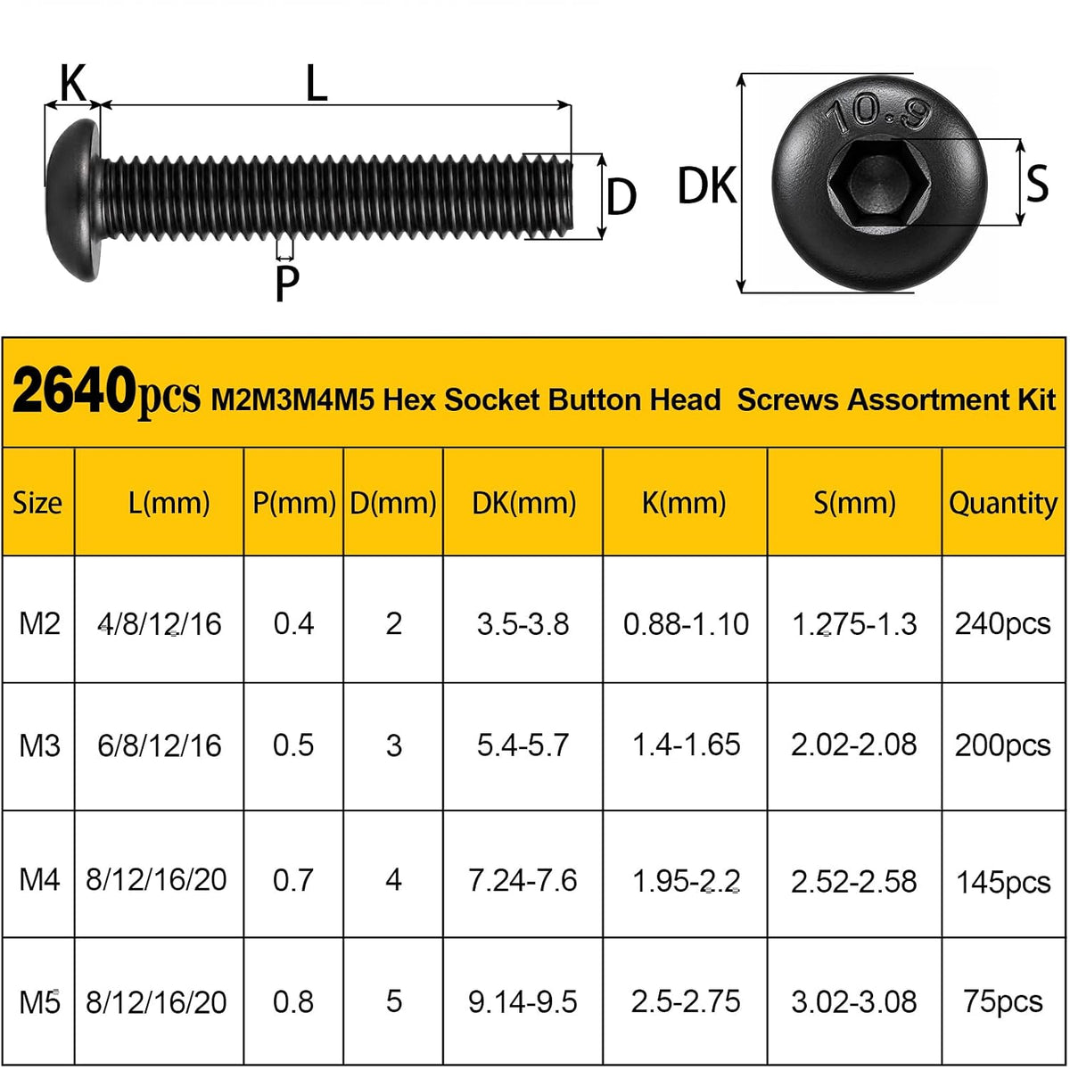 2640PCS M2 M3 M4 M5 Metric Socket Button Head Screws Assortment Kit