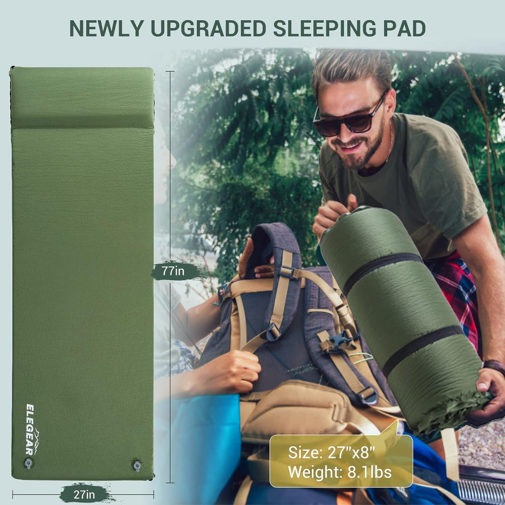 Self Inflating Sleeping Pad with Pillow 26D Memory Foam 3.15" | CumbreX Insulated Camping Mattress Pad, Fast