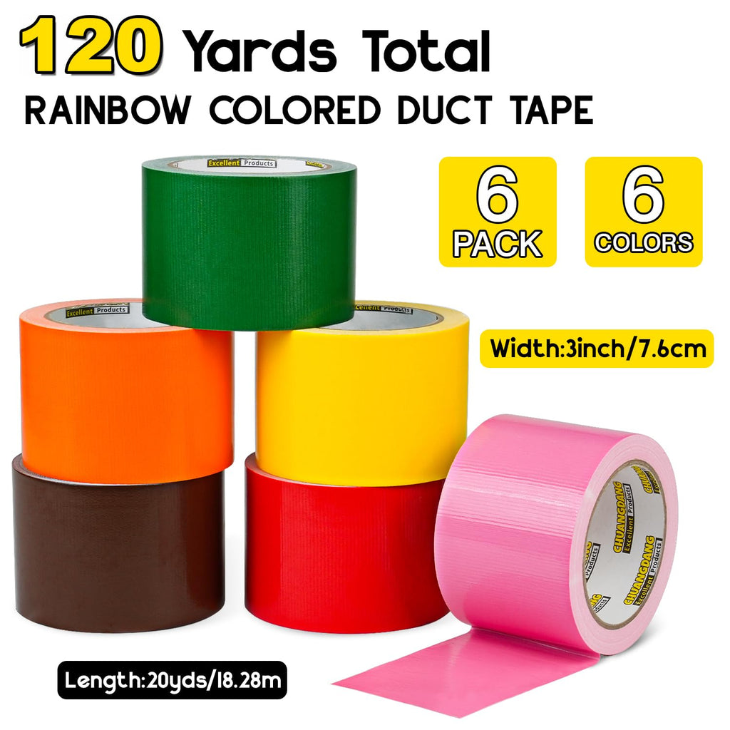 6-Pack Colored Duct Tape,3Inch x 20Yards,Rainbow Duct Tape,Colored Tape