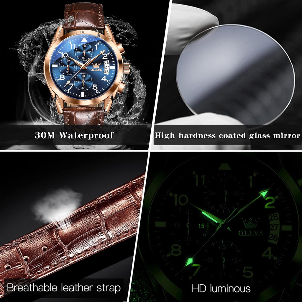 Watches for Men Case Waterproof Watches Leather Band Day Date Mens Watch Analog Quartz Chronograph Wristwatches