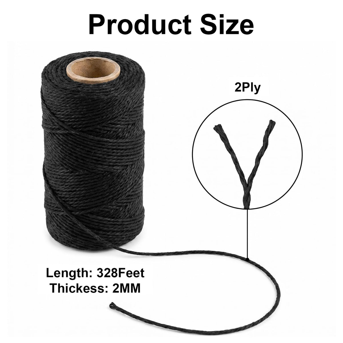 2PCS 328Ft 2MM Natural Cotton Twine String, Black