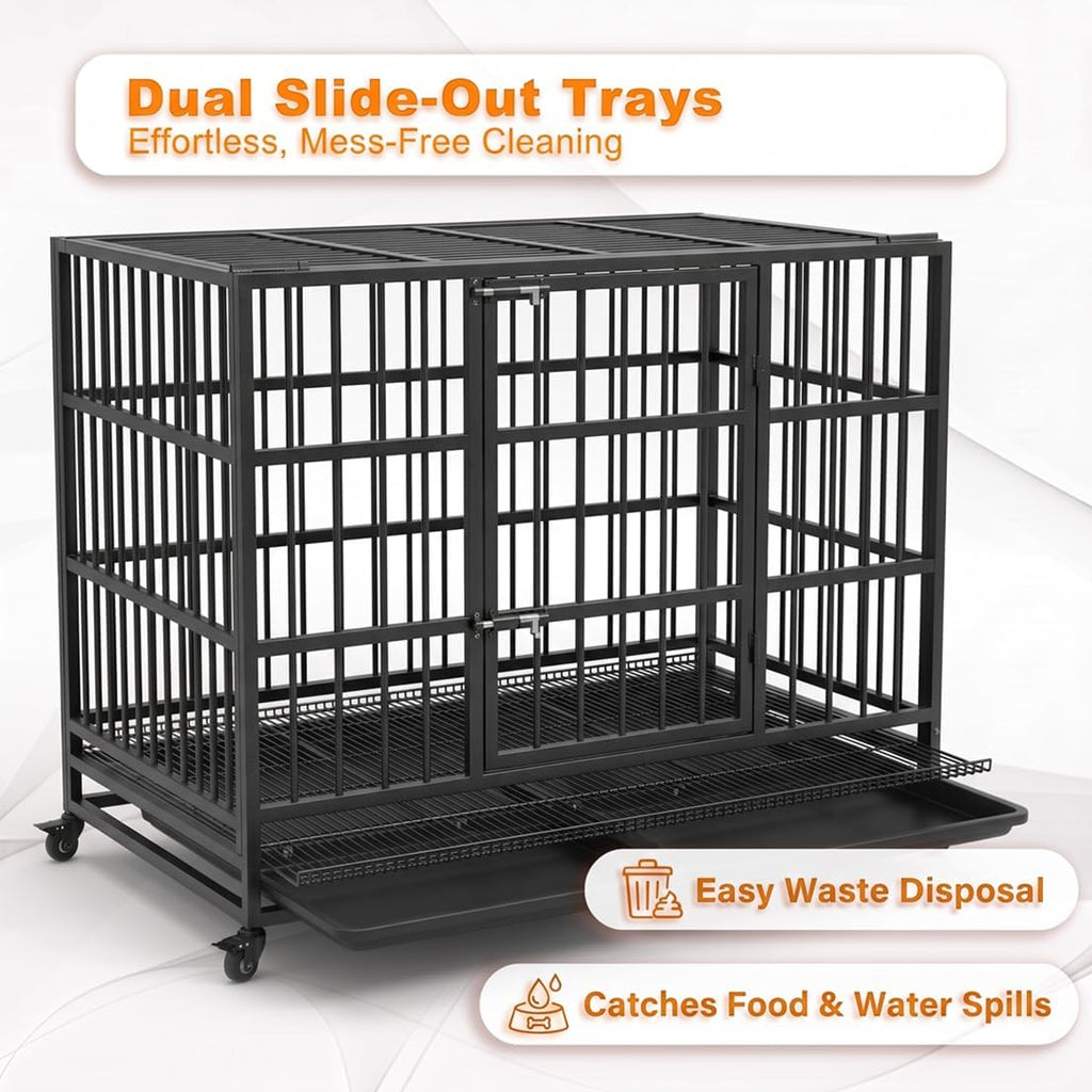 48 Inch Heavy Duty Dog Crate Cage with Wheels, Indestructible and Escape Proof Steel Kennel Indoor for High Anxiety