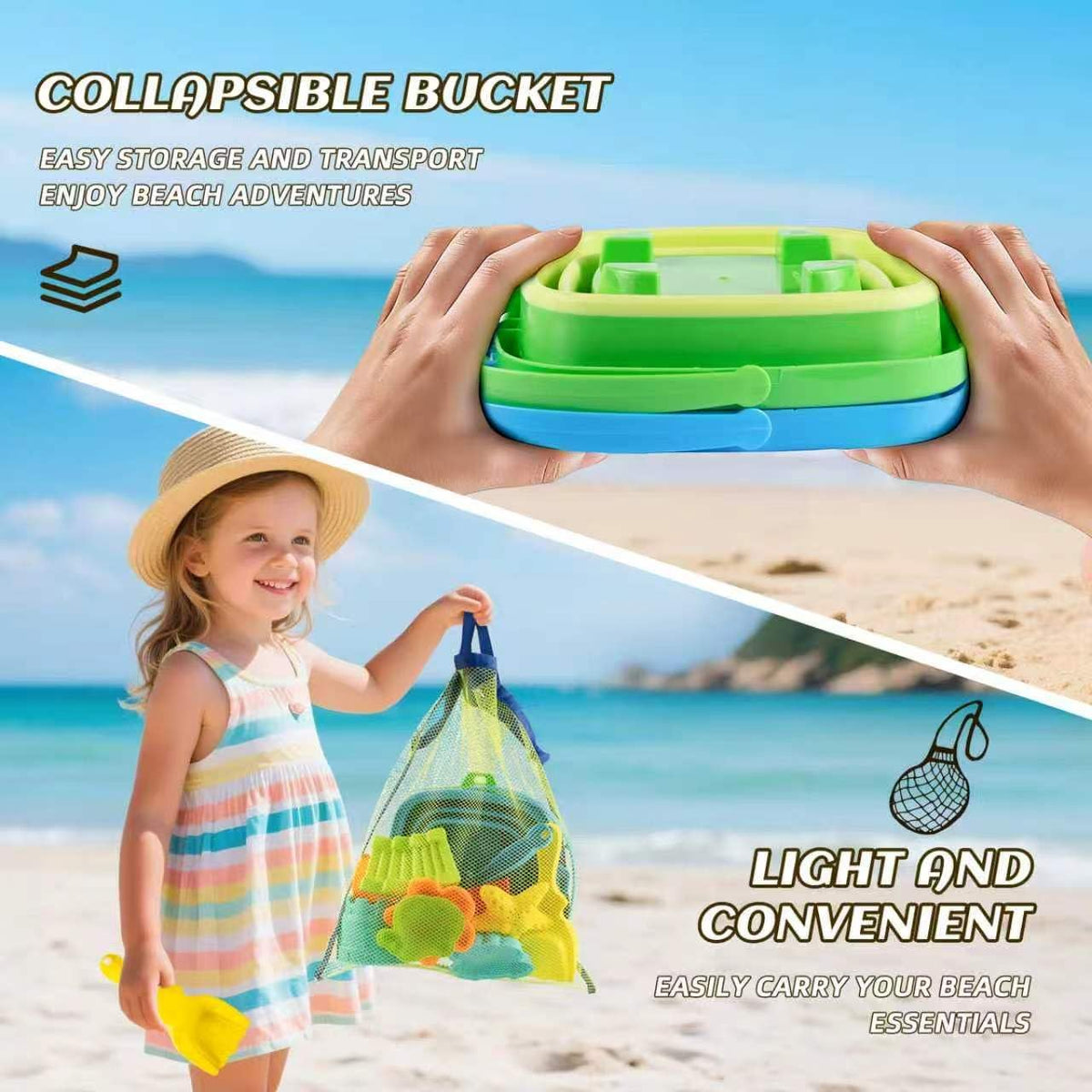 Collapsible Beach Toys for Toddlers Kids – 2 Foldable Sand Buckets Shovel Rake, 8 Sand Molds & Castle Building Kit