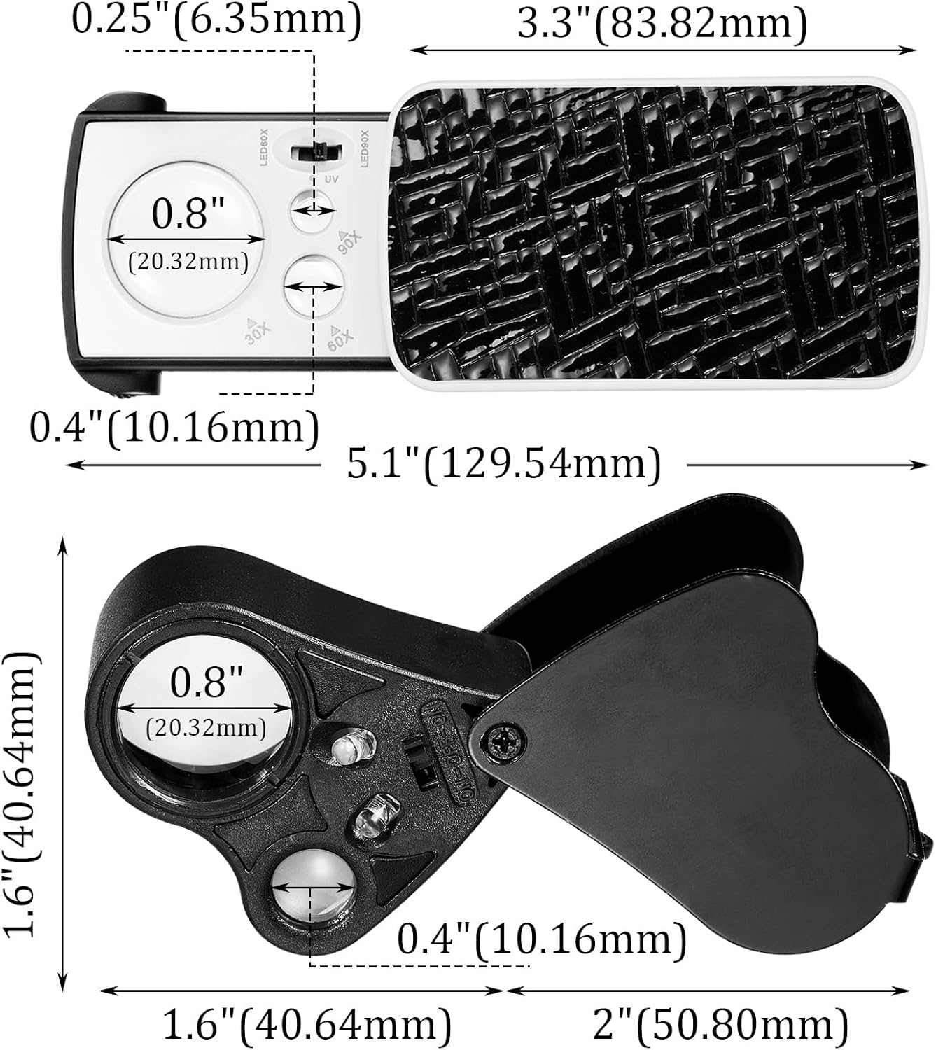 2 Pcs Jewelers Loupe 30X 60X 90X Magnifying Glass with LED,Black | UV Black Light for Gem Diamond Inspection