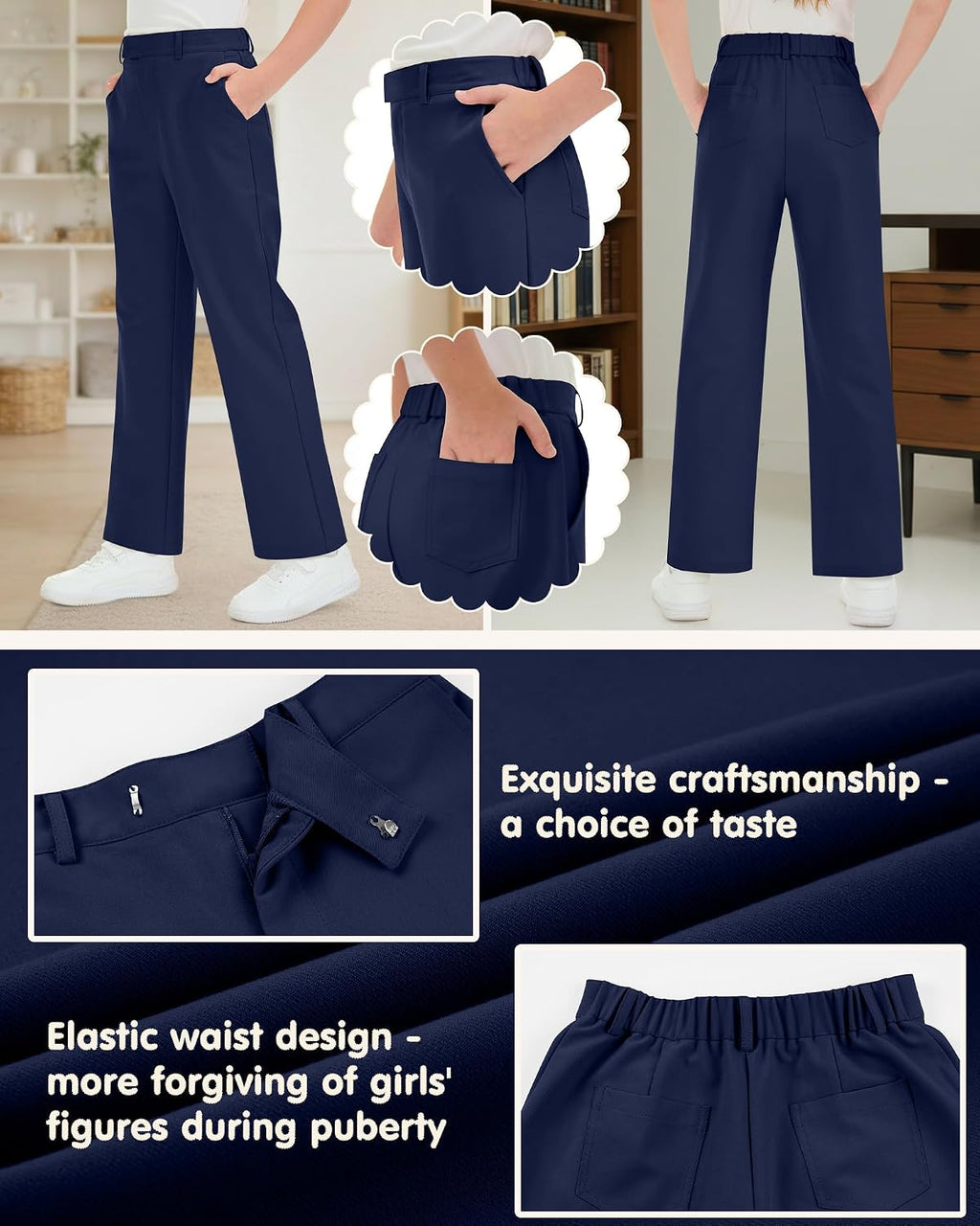 Girls School Uniform Pants Teen Dress | Teen Preppy Adjustable Waist Trousers Pockets, Front Button Zipper Fly