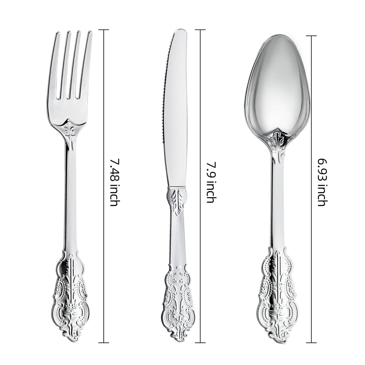 300PCS Silver Plastic Silverware, Vintage Disposable Utensils & Cutlery