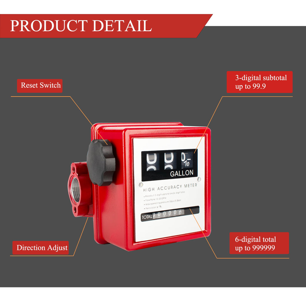 YFIXTOOL 1" Gallon Mechanical Fuel Meter,Diesel FlowMeter for Transfer Pump