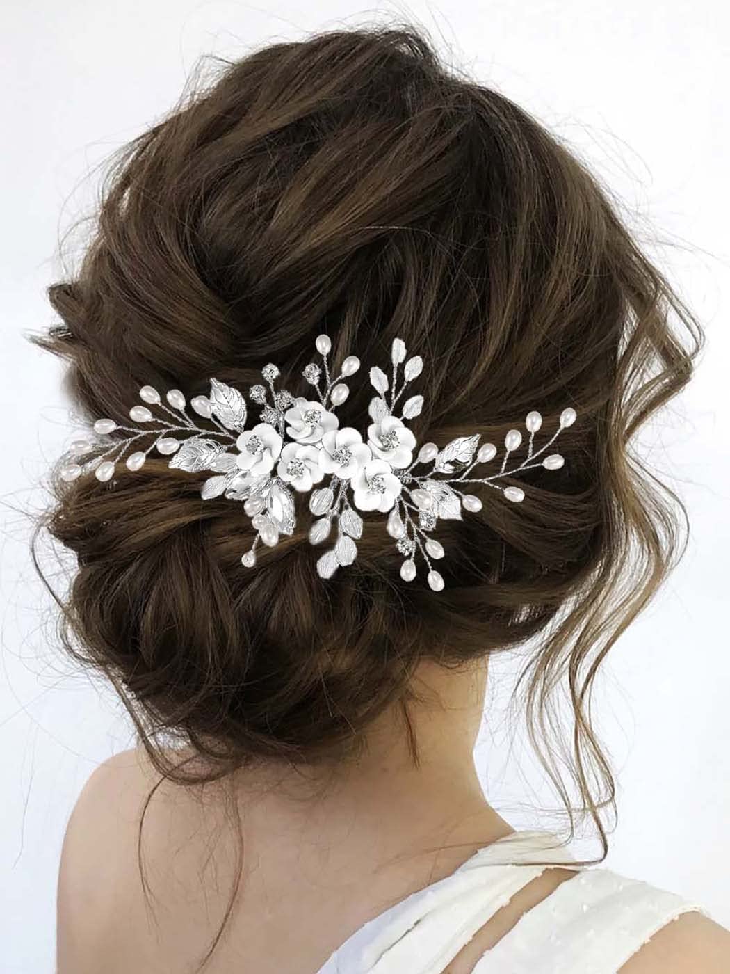 Flower Bride Wedding Hair Comb Leaf Silver Bridal Headpiece Pearl Hair Accessories Crystal Hair Piece Jewelry for
