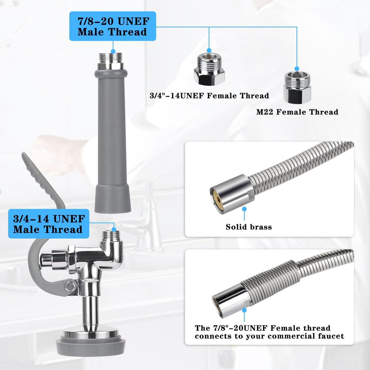 Pre Rinse Spray Valve with Stainless Hose 44inch Flexible Commercial Sink Faucet Replacement Kit 1.42GPM High