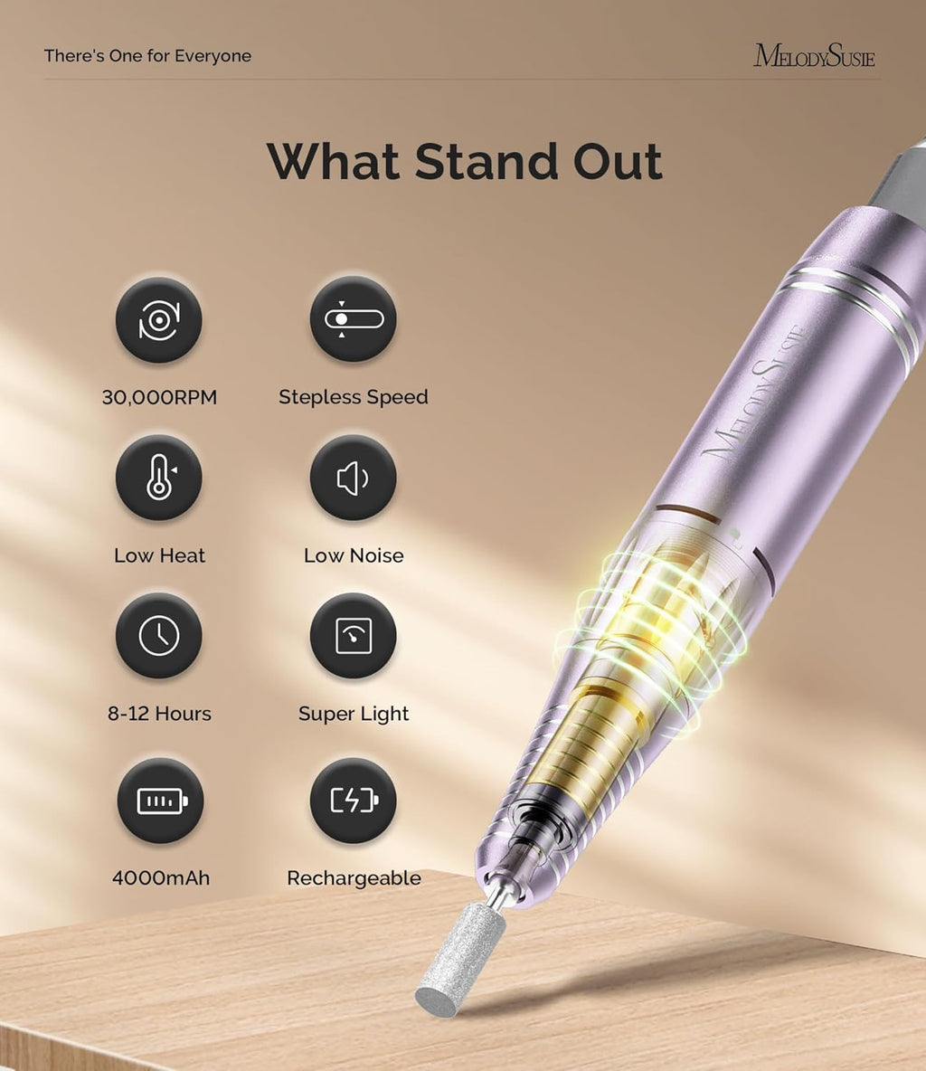 Clip-On SC300F Cordless Nail Drill 30,000 RPM for Beginners | 8-12h Battery Life, 6 Bits and 56 Sanding Bands for