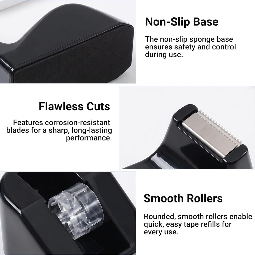 Desk Tape Dispenser, Cute Office Supplies, Non-Slip Base, Black