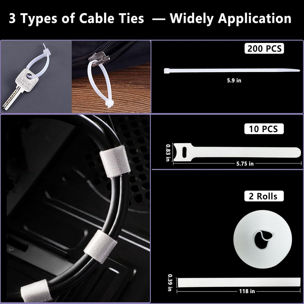 White Cable Management Organizer Kit 4 Cable Sleeve Split,47Cable Clips 12Cord Clips Holder,22 Cable Ties, 20