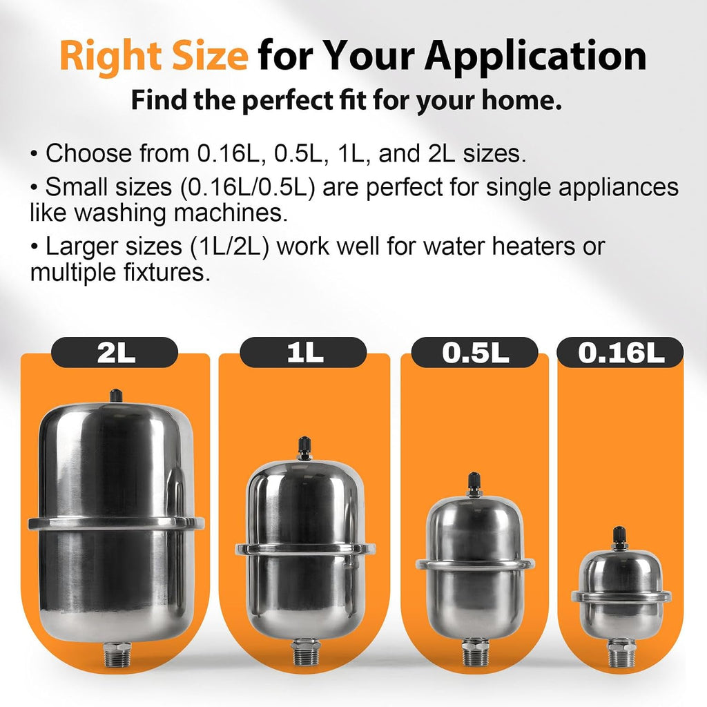 20-PCs HeSun 2L Mini Thermal Expansion Tank, 1/2" MIP Connection | Stainless Steel,Maintain Safe Pressure, for