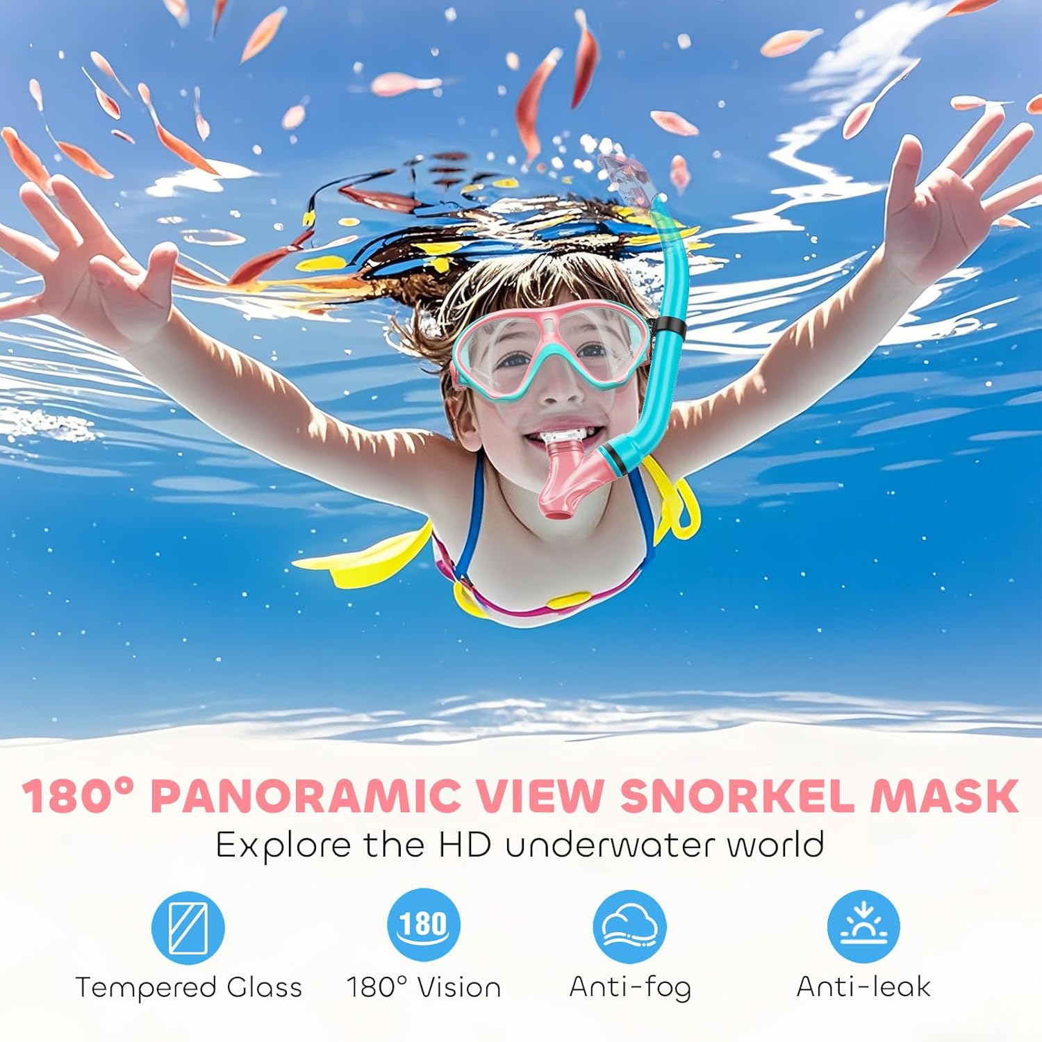 Kids Snorkel Set, Dry Top Snorkeling Gear Kids Swimming Goggles, Anti-Fog Tempered Glass Snorkel Mask with Foldable