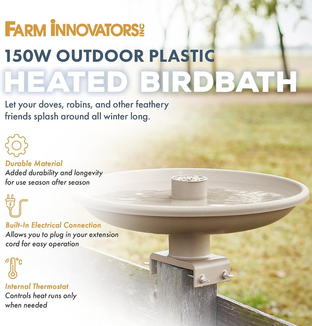 Heated Outdoor Plastic Birdbath, 150 Watts, Deck Mount, Tan