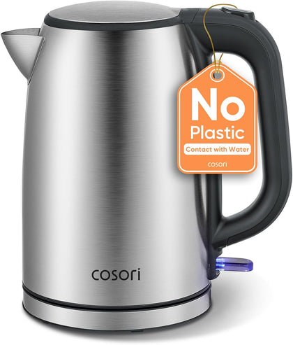 Stainless Steel Electric Kettle, No Plastic Contact with Water, 1.7L | Easy to Clean, Auto Shut-Off, Boil-Dry