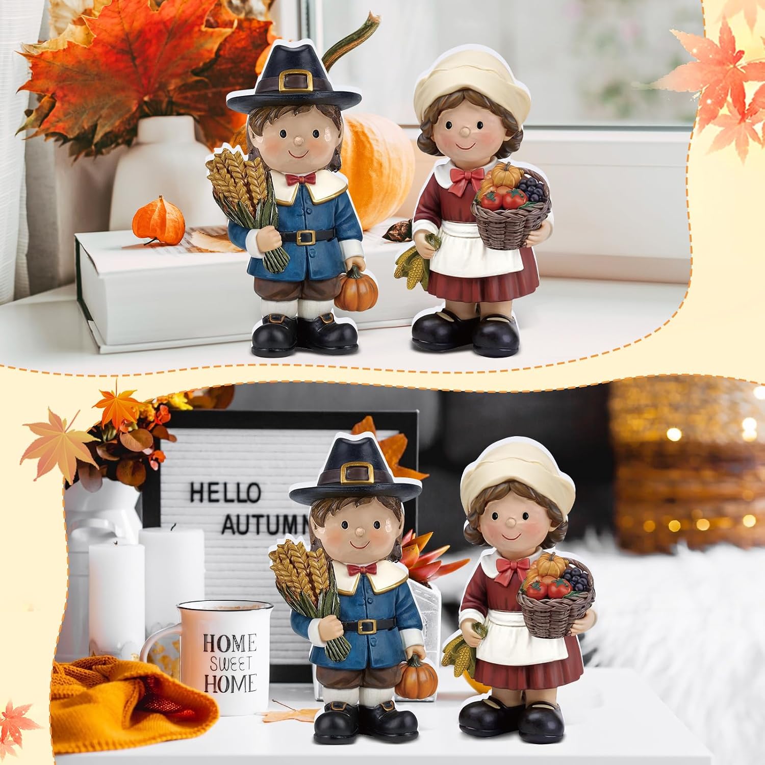 2 Pcs Fall Figurine Decor Pilgrim Figurine Autumn Statue Wooden Thanksgiving Boy and Girl Family Harvest Table