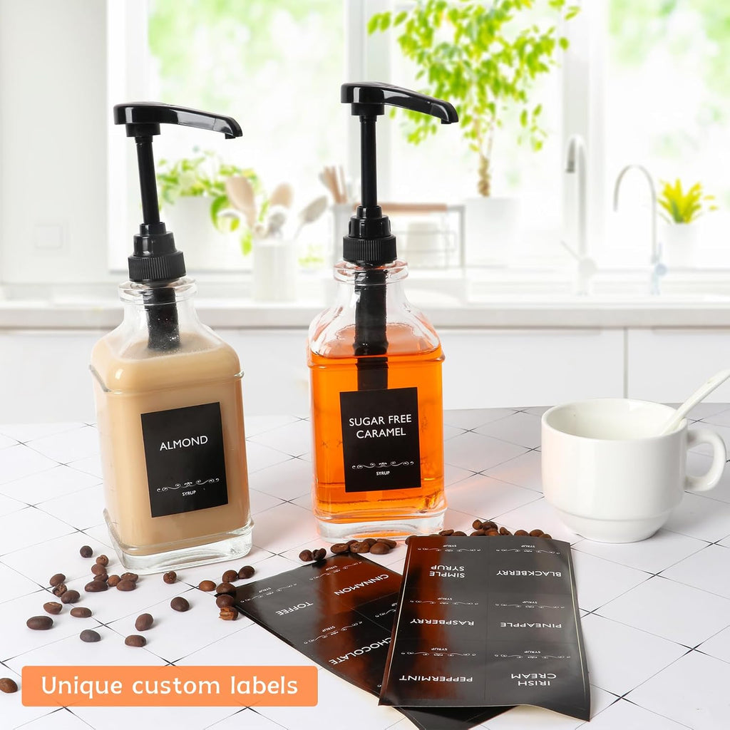16 oz 2 Pack Glass Coffee Syrup Dispenser with 1/4oz Black Pump