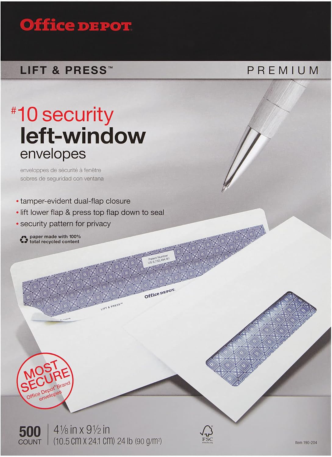 100% Recycled Lift Press(TM) Window Envelopes, #10 (4 1/8in. x 9 1/2in.), White, Pack Of 500, 76171
