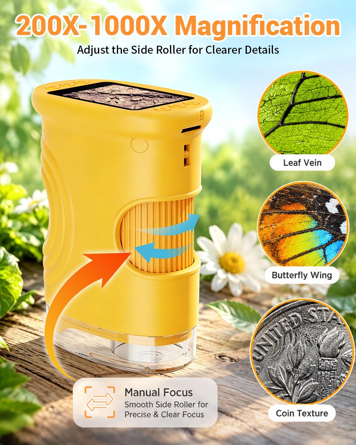 1000X Digital Handheld Microscope for Kids Portable Outdoor Toys & Gifts | 2.0" IPS Screen Magnifier, STEM Science