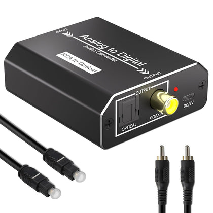 Analog to Digital Audio Converter, RCA to Optical Converter, RCA/3.5MM to Toslink and Coaxial Adapter, 48kHz/24bit