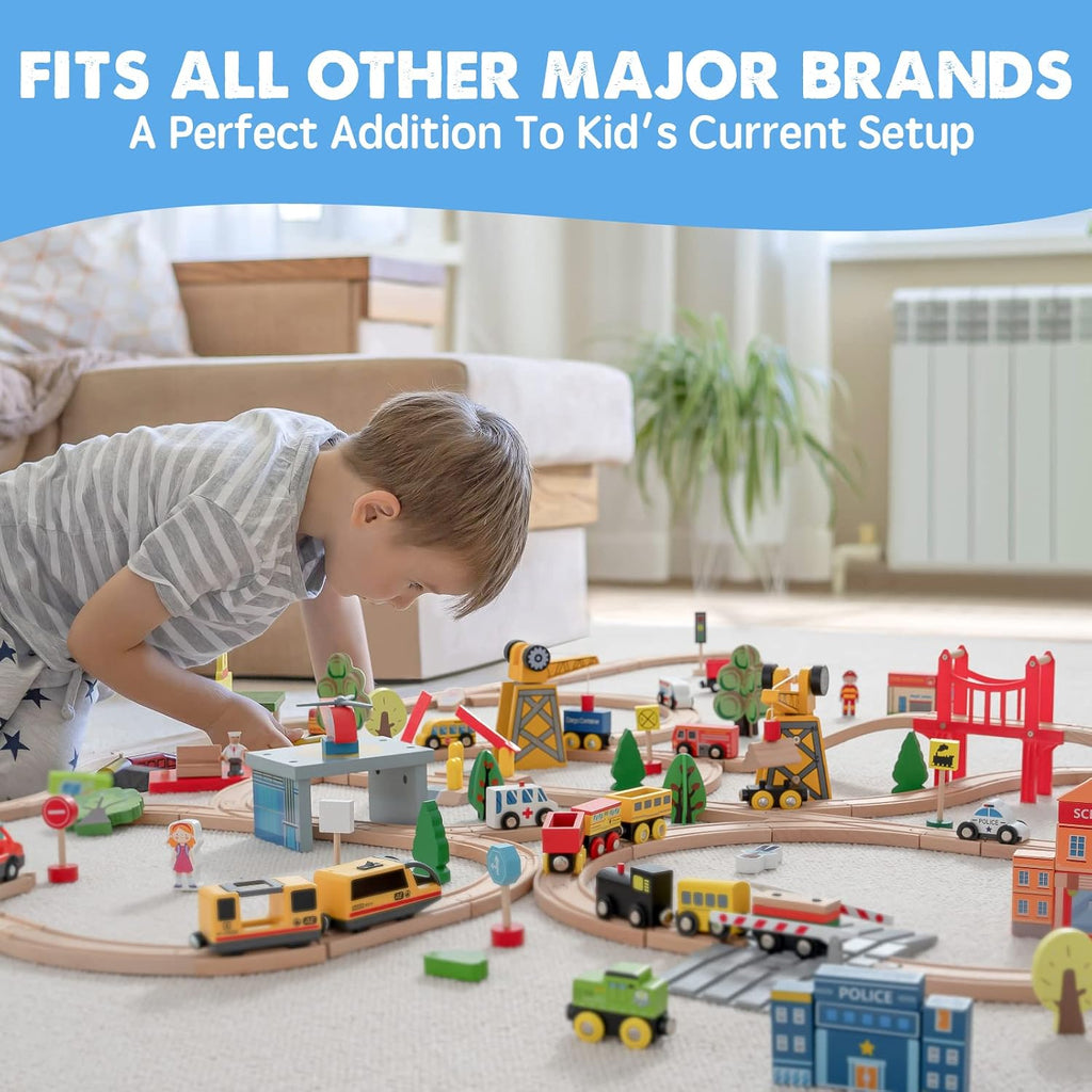 55PCS Wooden Train Set, Durable Wooden Railway Tracks | Compatible with Major Brand Tracks, Educational Toy for