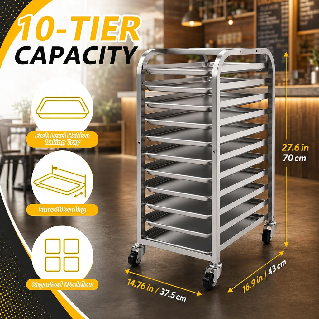 10-Tier Bun Pan Rack with Wheels for Home Use | 1/2 & 1/4 Sheet Pan|Baking Bread Cooling Rack|Speed Bun Pan Rack|Home