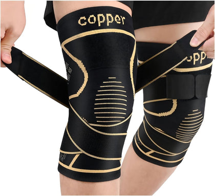 Copper Knee Brace for Women Men 2-Pack, Knee Compression Sleeve with Straps, Knee Braces for Knee Pain, Knee Support