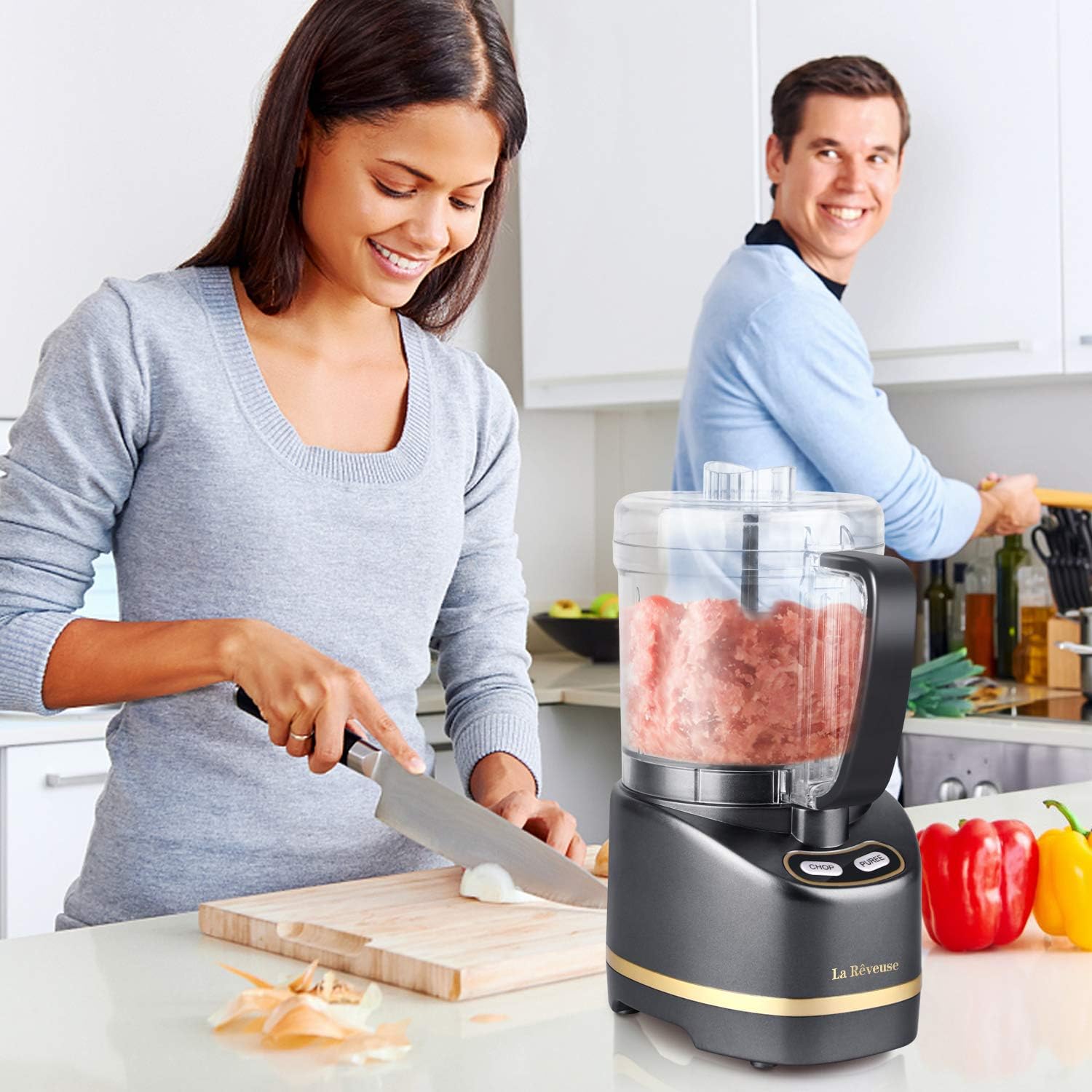 2 Cup Mini Food Processor, Electric Chopper Small, Metallic Grey | for Mincing, Chopping, Grinding, Blending, Puree