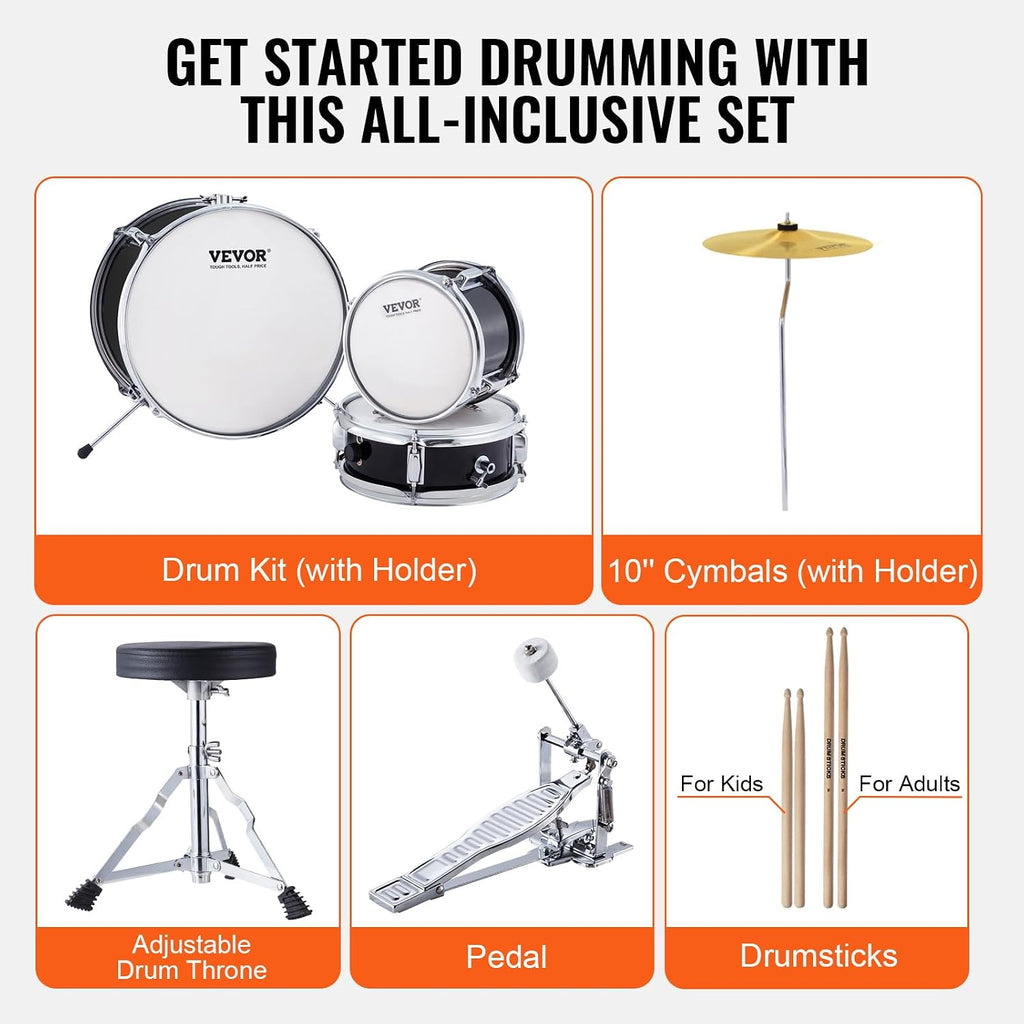 Kids Drum Set, 14 in 3-Piece Beginner Drum Sets Junior Drums Set with Adjustable Throne, Two Pairs of Drumsticks