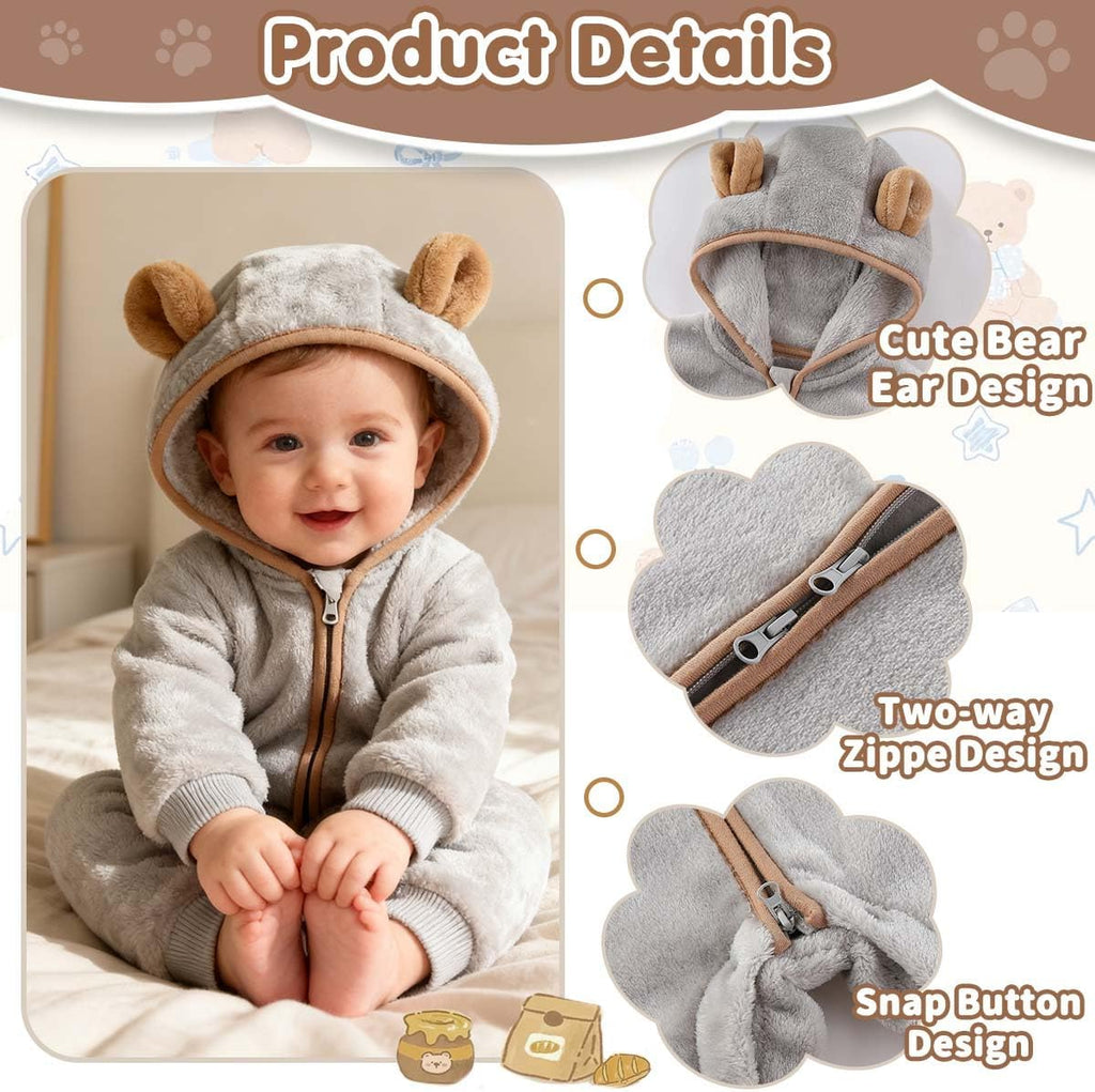Newborn Baby Bear Outfit Suit Thin Fleece Jumpsuit Romper Hooded Winter Clothes Snowsuit Coat Infant Girls Boys