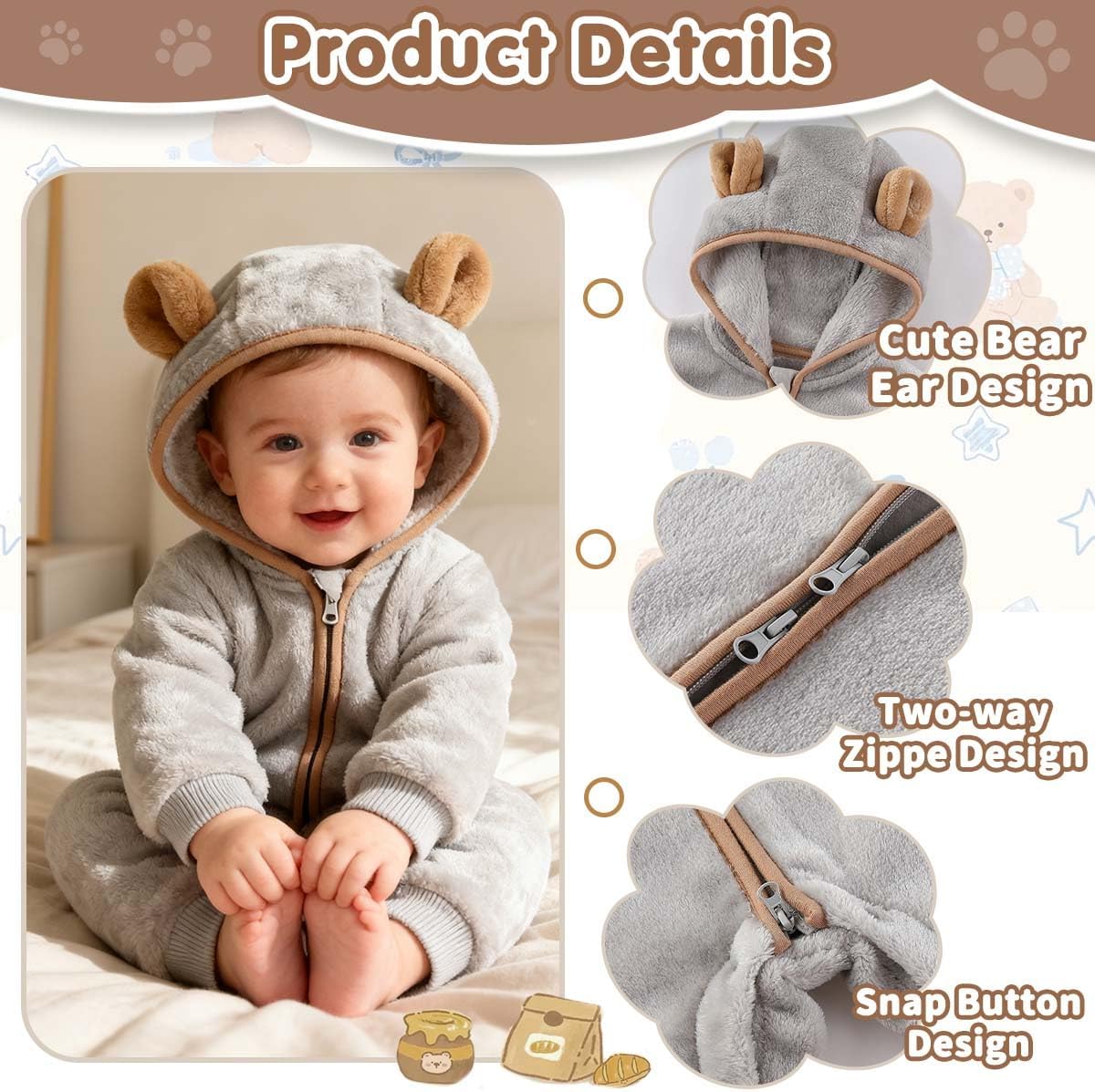 Newborn Baby Bear Outfit Suit Thin Fleece Jumpsuit Romper Hooded Winter Clothes Snowsuit Coat Infant Girls Boys