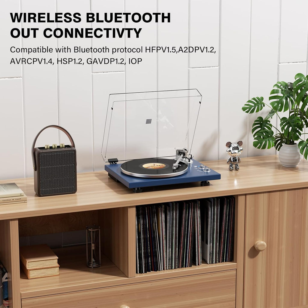 Belt Drive Turntable for Vinyl Record Player and Bluetooth Output(Blue) | Built-in Phono Preamp,USB Digital