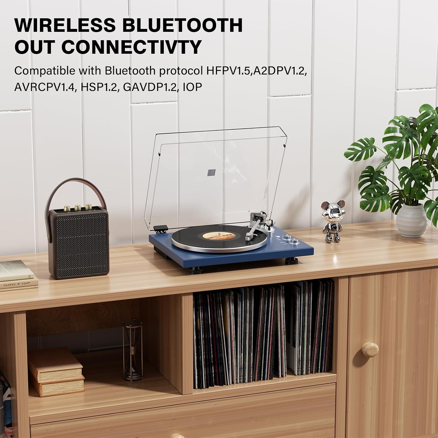 Belt Drive Turntable for Vinyl Record Player and Bluetooth Output(Blue) | Built-in Phono Preamp,USB Digital