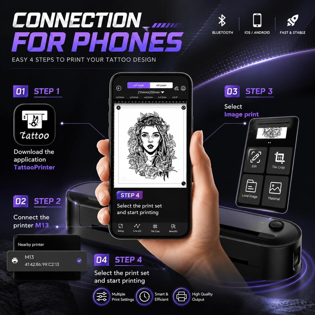 Tattoo Stencil Printer, Wireless Thermal Printer, Support Multi Sizes up to A4, Thermal Stencil Printer, 10 Transfer