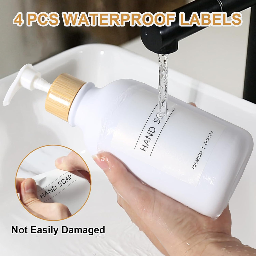 White Soap Dispenser, 2 Pack Plastic Bathroom Hand Soap and Lotion Dispenser Set with Bamboo Pump, 17 Fl Oz Hand and