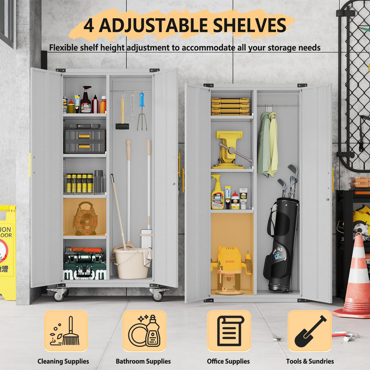 71" Rolling Lockable Metal Broom Closet Storage Cabinet, Grey White