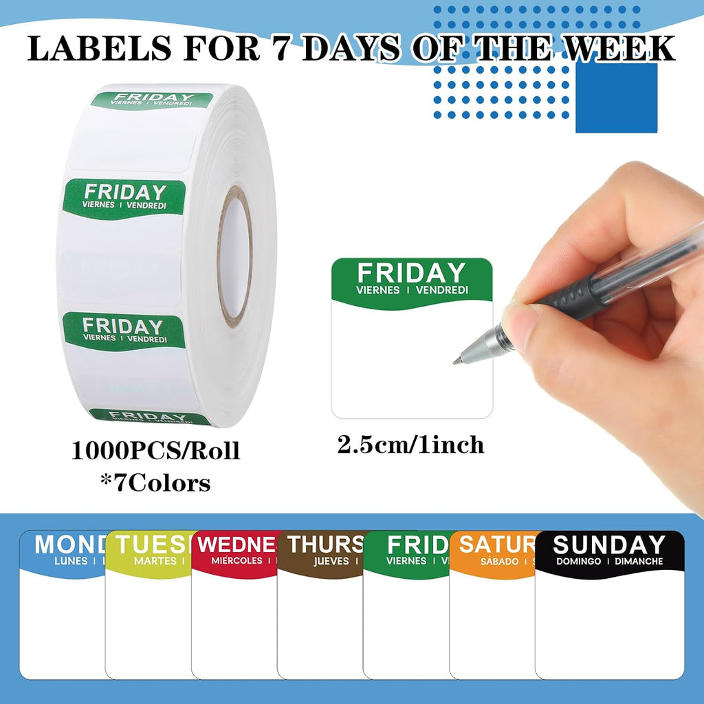 7000 Pcs Day of The Week Labels Food Labels with Adjustable Label Dispenser Monday Through Sunday Management