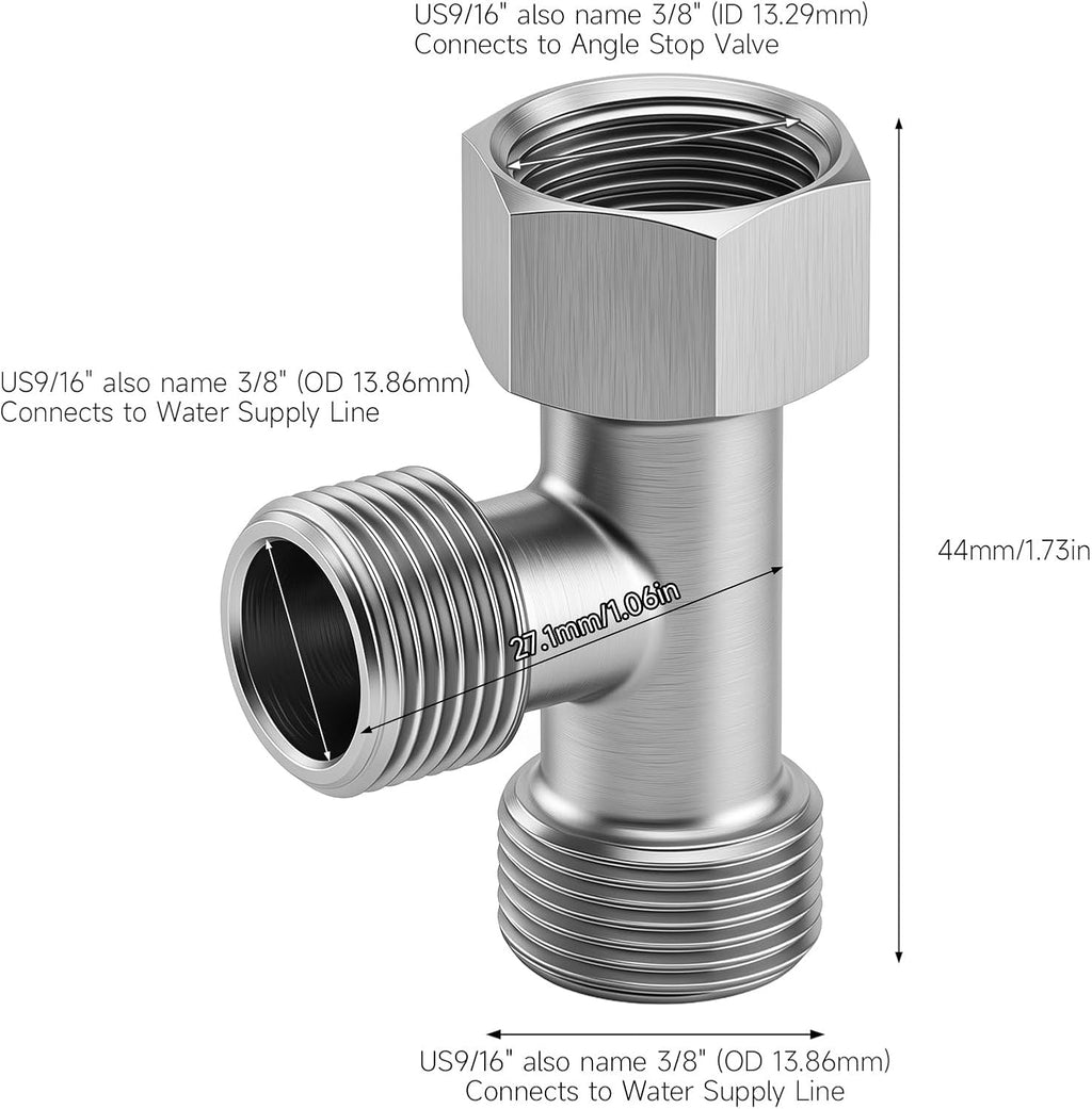 3/8 Compression Tee Valve Adapter, Brass 3 Way Adapter Tee Connector Angle Stop Water Line Connector T Pipe Fitting, Silver