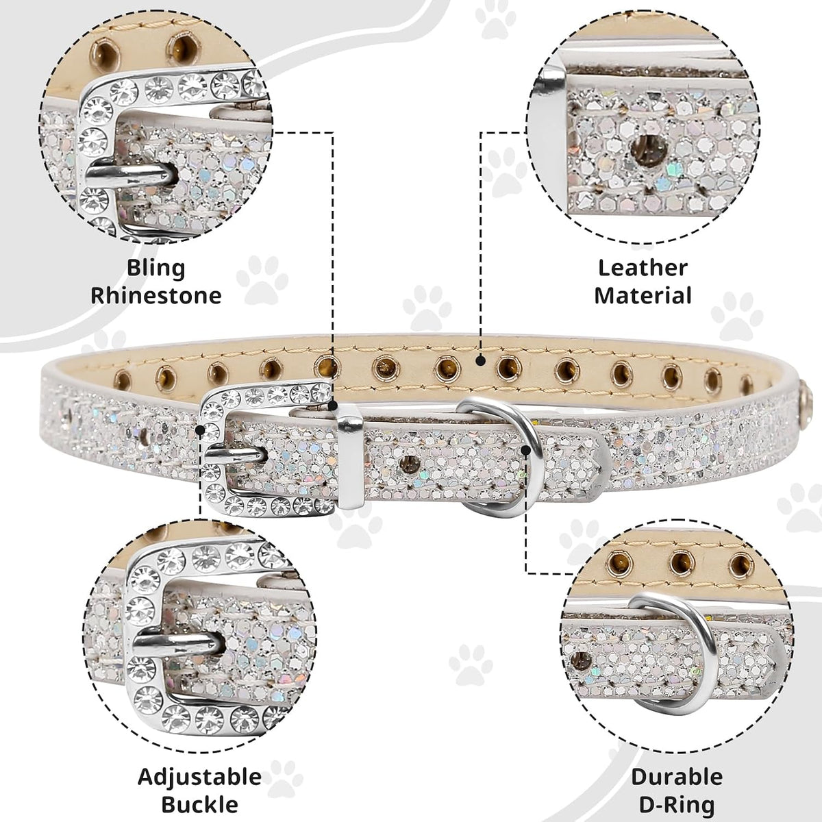 Pet Bling Accessories Cat and Dog Rhinestone Collar PU Leather Adjustable Collar (Extra Small, Silver)